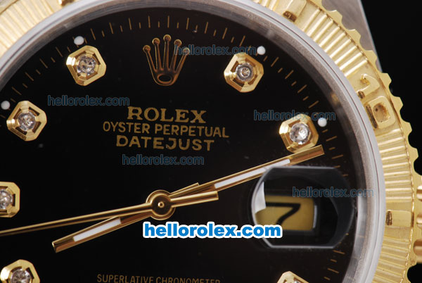Rolex Datejust Automatic Two Tone with Gold Bezel,Black Dial and Diamond Marking - Click Image to Close